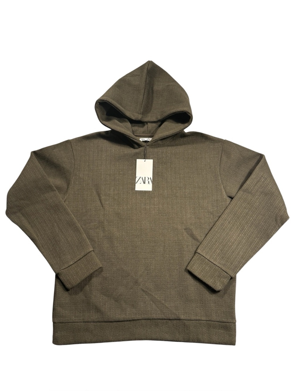 New Zara Unisex Medium Olive Green Brown Textured Knit Hoodie Sweater Gift Ready